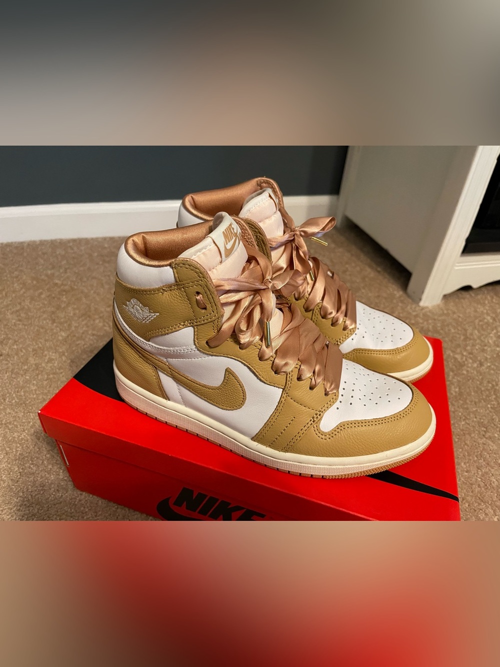Retro Jordan 1 Nike Women’s High-Top Sneakers in White and Praline Rose Gold